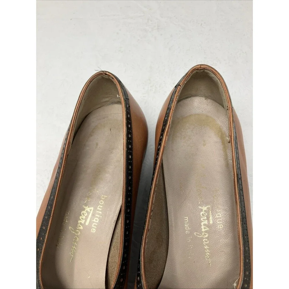 Vintage Ferragamo Shoes Womens 10 B Brown Black Trim Lace Up Oxford Flats Italy